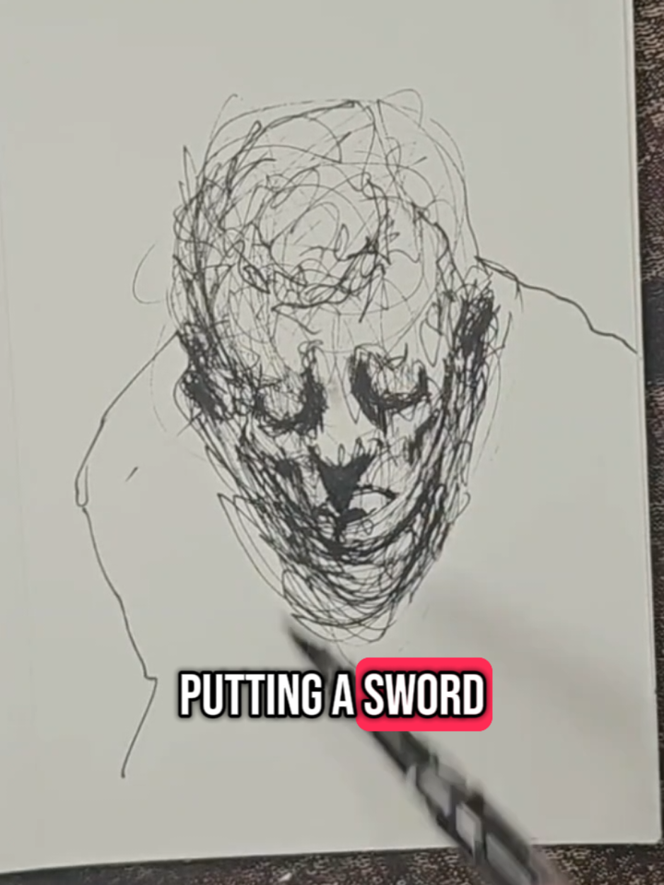 A post by @gregorypaulsart on TikTok caption: SWORDPLAY #timelapseart #scribbledrawing #art #personalbrand 