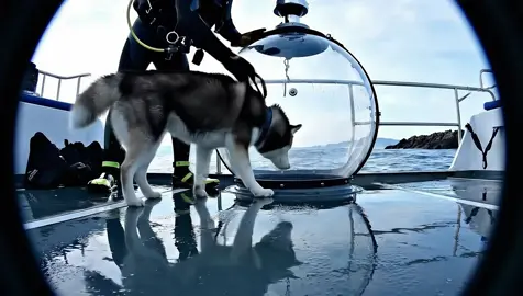 A post by @deepseavisitorsofficial on TikTok caption: Husky visits the ocean #dog #underwater #capsule 