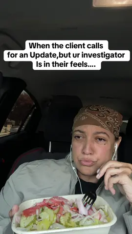 A post by @yourfavinvestigator on TikTok caption: Updating a client in ur feels…. #fyp #funny #foodie 