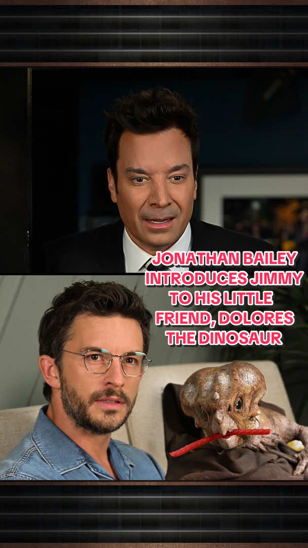 A post by @fallontonight on TikTok caption: Jonathan Bailey introduces Jimmy to his little friend, Dolores the dinosaur. 🦖 @Jurassic World #FallonTonight #TonightShow #JonathanBailey #JurassicWorld #JurassicWorldRebirth #JimmyFallon  