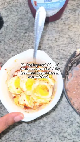 A post by @cynthia_lifts on TikTok caption: 3 bomoclart boiled eggs, 1/2 oats, 1/2 cup of milk (any milk don’t do too much), 1 tablespoon zero sugar Hershey syrup. Taste so good I can eat this anytime😭. Dw eating disorder warriors I switch it up sometimes. #mealprep #breakfastideas #healthyrecipes #caloriedeficit 