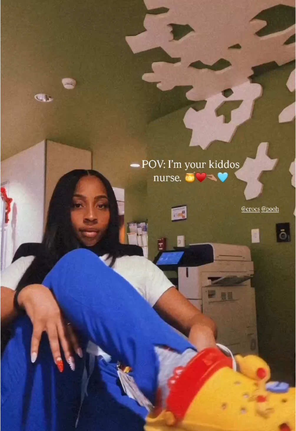 A post by @kaurynjay on TikTok caption: I ♥️ pediatrics real bad. #kaurynjay #nursebaddiekj #nursesoftiktok #nursesofinstagram #pedsnurse #pediatrician #crocs #winniethepooh 🧸🍯♥️🫶🏽🧸