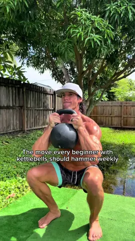 A post by @asgooch on TikTok caption: One of my favorite moves for beginners, the clean to squat.  This one hit full body strength, power, and coordination and is a great move to into to kettlebells. Oh, want to try my App for Free? Comment “APP” and I’ll send you the details. ⬇️  #kettlebell #kettlebellworkout #homeworkout #athomeworkout #athomeworkouts #kettlebells 