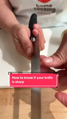 A post by @thechefsmartypants on TikTok caption: How do you know if your knife is sharp? 🔪  More knife skills on my YouTube channel. Link in bio to watch and subscribe!  #knife #chefknife #knifeskills #knifesharpening #cooking #cookingtips @crateandbarrel @Sur La Table @misen kitchen @Hedley & Bennett @CutleryWorks 