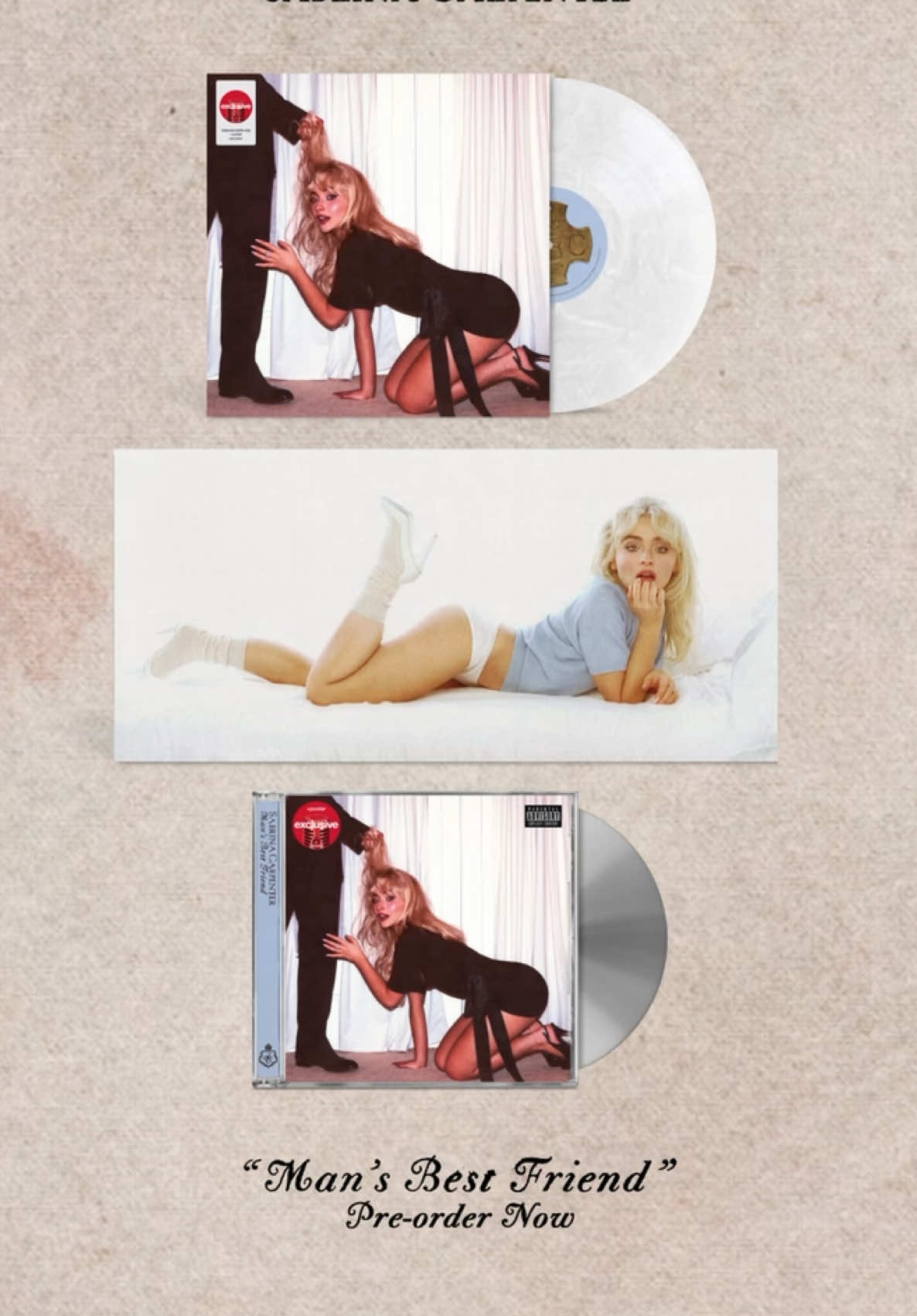 A post by @teamsabrina on TikTok caption: this target exclusive #mansbestfriend vinyl would look soo pretty on ur shelf ;) pre-order now! #sabrinacarpenter #manchild 