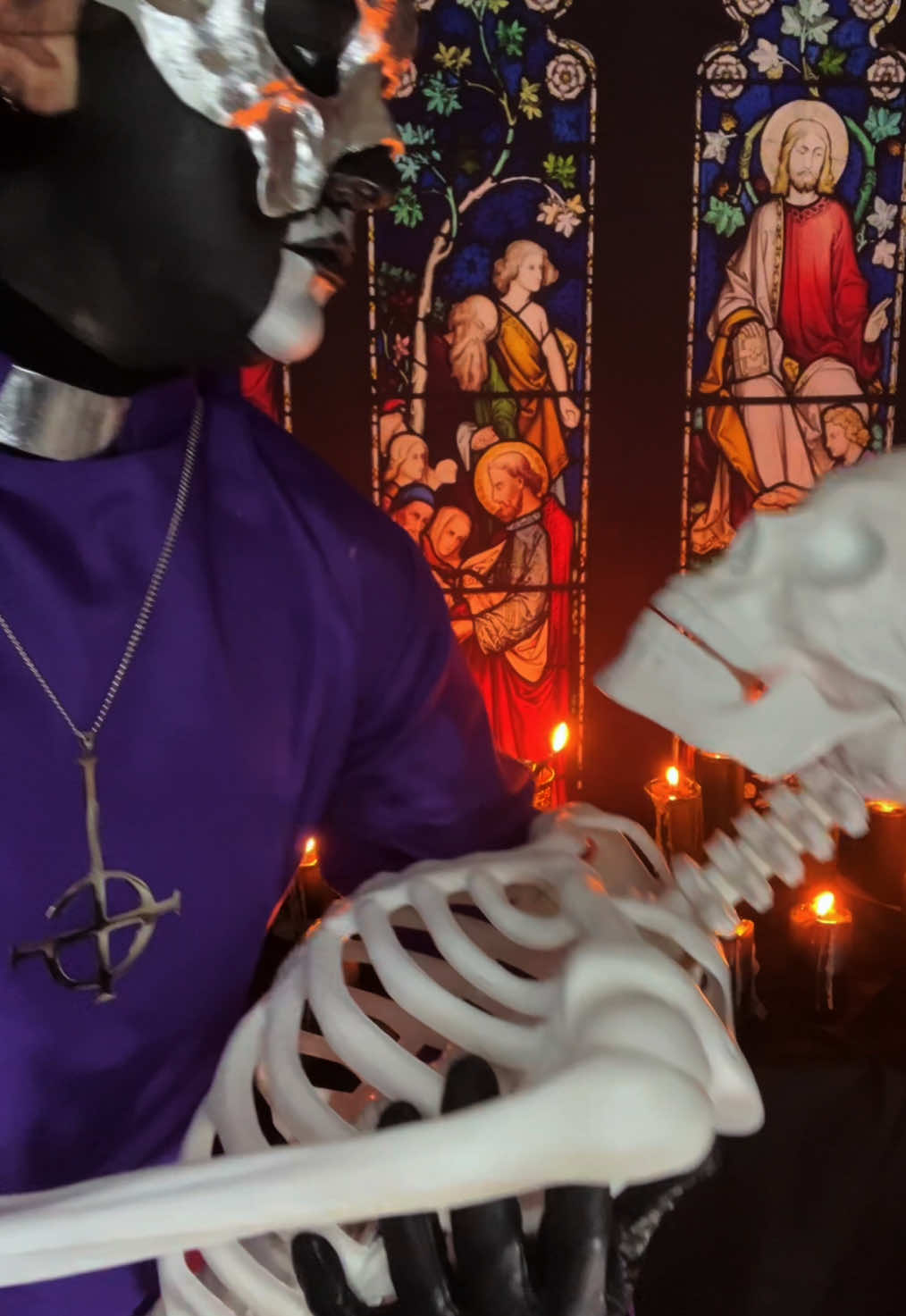 A post by @hallowed_be_thy_username on TikTok caption: In the shadows, pale and cold #thebandghost #thebandghostcosplay #ghostbc #ghostband #papaemeritus #papaperpetua #papav #papavcosplay #perpetua #skeleta #Cosplay 