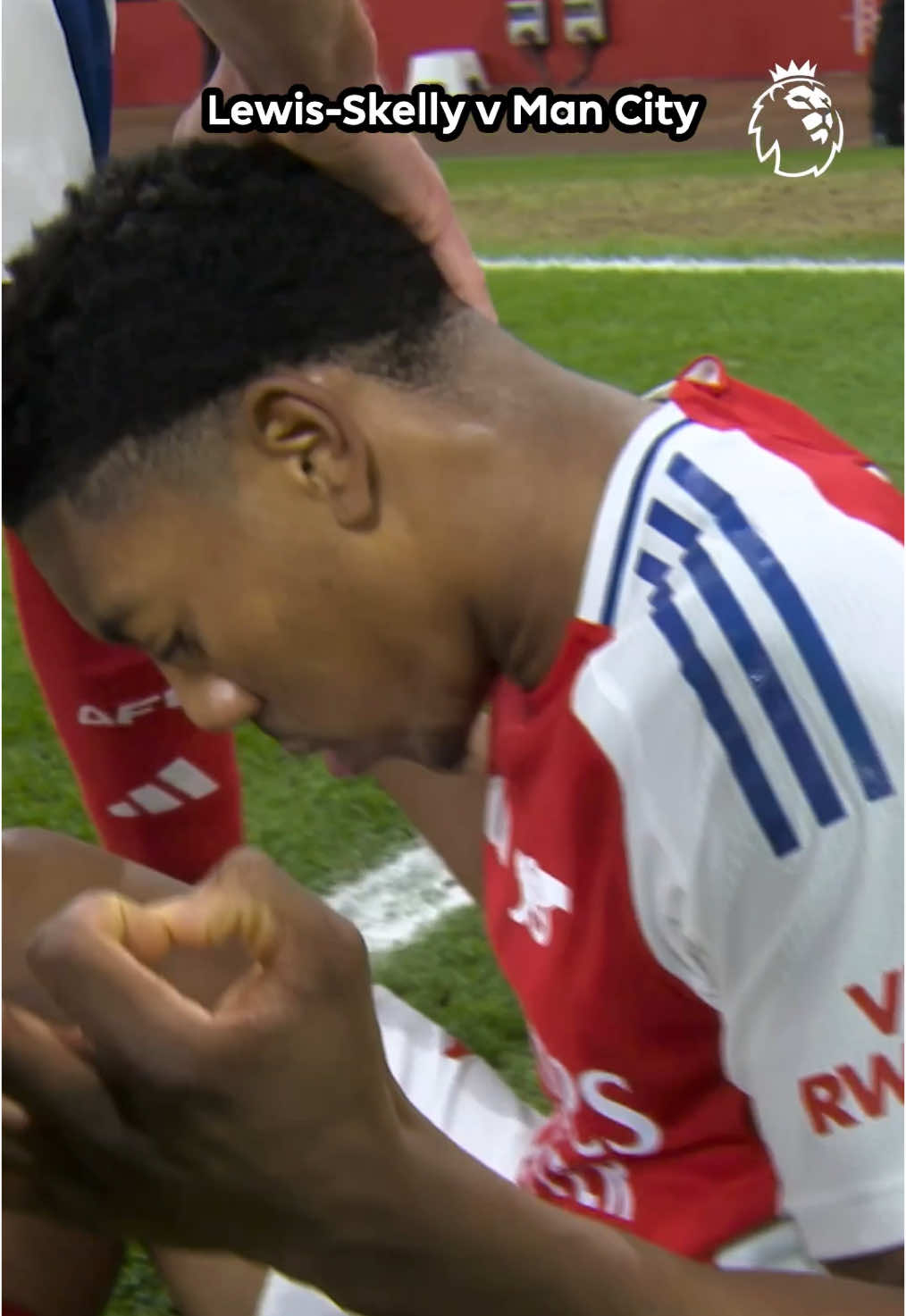 A post by @premierleague on TikTok caption: When Myles Lewis-Skelly scored his first #PremierLeague goal 🧘 @arsenal 