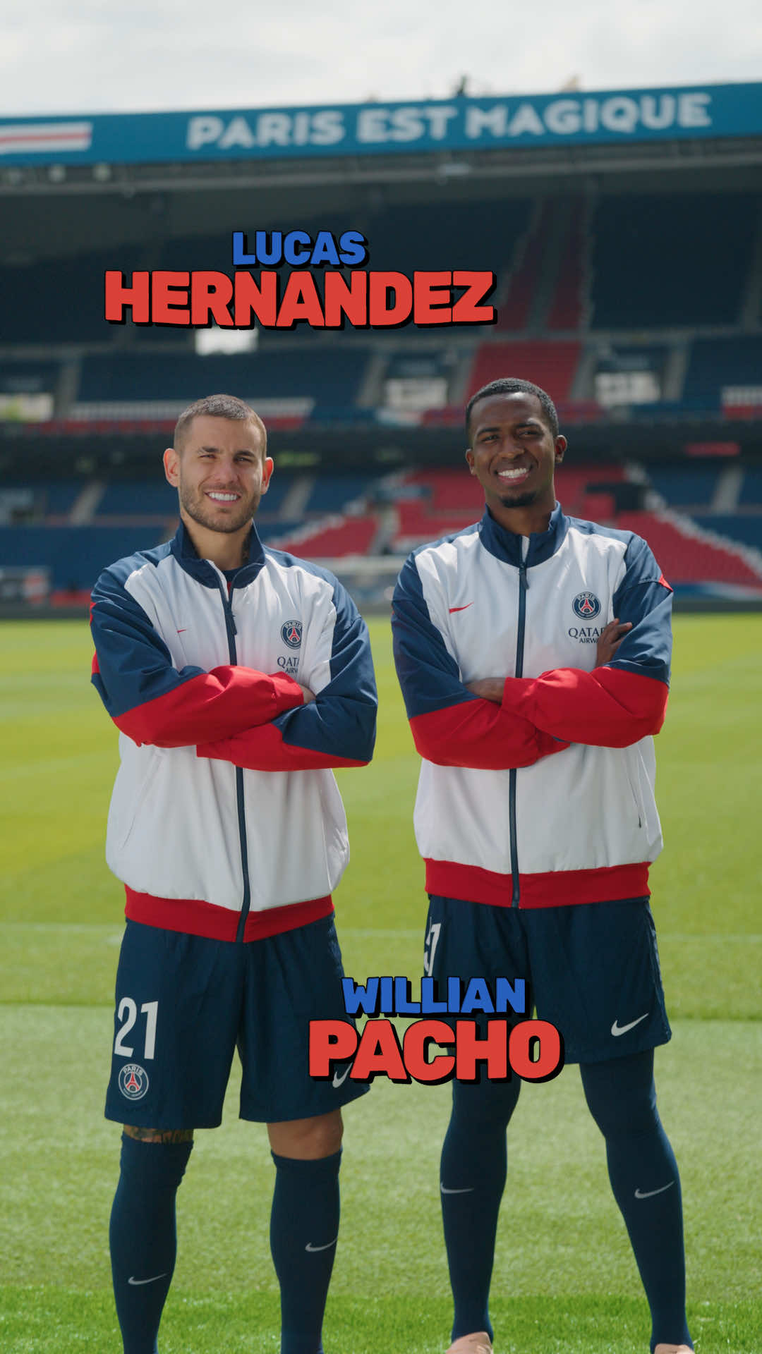 A post by @psg on TikTok caption: L.Hernandez & Pacho go head-to-head in This or That: Kick and Choose; Qatar Sport Edition! 🥅⚽ 
