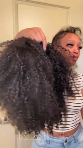 A post by @iseehairbeauty on TikTok caption: Trying out ISEE viral half wig 🙂‍↕️🔥now I know why!  Kinky curly 18” Wear Go half wig  #iseehairbeauty #iseeweargowig #gluelesswig #iseehalfwig #kinkycurly #beginnerfriendly 