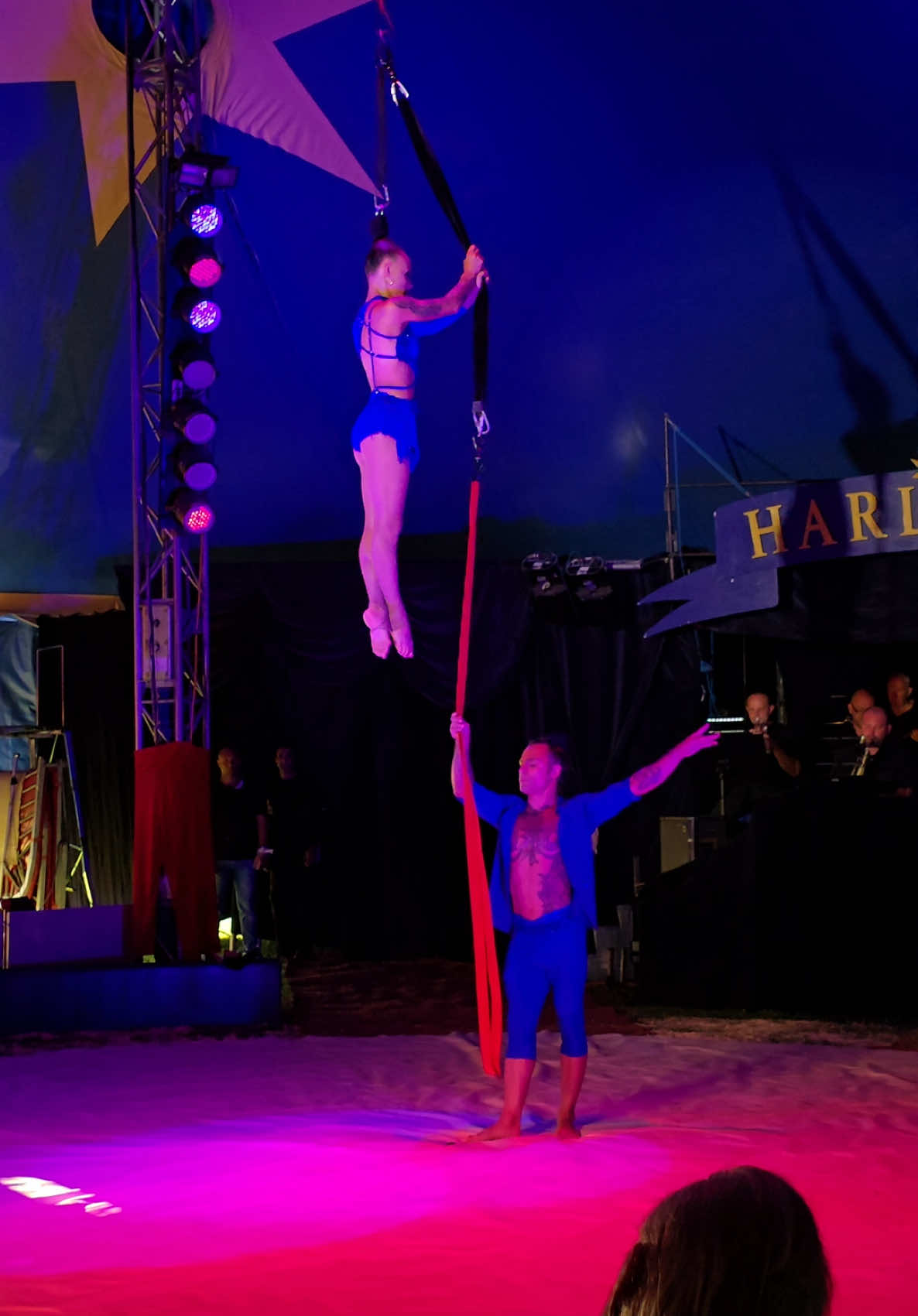 A post by @wow_family_circus on TikTok caption: @wow_dad_circus_family 💙 #hairhanging #circusartist #hairhangingact #hairsuspension 
