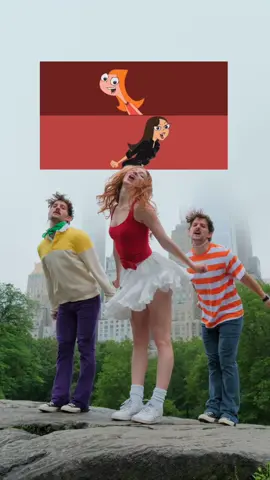 A post by @melissabecraft on TikTok caption: MOOOOM! Phineas and Ferb are having a dance party in Central Park!! 💚❤️🧡 dancing with @TWiNSAUCE ! #phineasandferb #dance #candaceflynn 