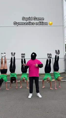 A post by @rybkatwinsofficial on TikTok caption: Oh it’s on!! We battle it out untill there is only 1 left! Who will it be? Watch the full video to find out! 👀 #squidgame #season3 #gymnastics #handstand 