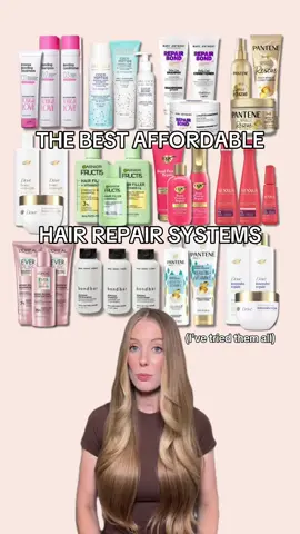 A post by @abbeyyung on TikTok caption: Since I posted my original drugstore bond repair haircare system showdown, Dove launched a newly reformulated version of Intensive Repair and OGX Launched Bond Protein Repair. So I figured we were due for an update here on how to find the best affordable hair repair systems for you! LMK if you want a part 2 on some mix & match recommendations xx @Not Your Mother's Tough Love Bonding @GarnierUSA Hair Filler Strength Repair  @Pantene Pro-V Miracle Rescue @Dove Beauty & Personal Care Intensive Repair Dove Bond Strength @loréal paris usa Ever Pure Bond Repair @OGX Beauty Bond Protein Repair #drugstorehair #drugstorehairproduct #bondrepair #haircareproducts 