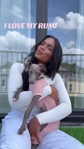 A post by @monetmcmichael on TikTok caption: bath, brushing teeth, cleaning ears, lotion, mousse, the pink jumpsuit and the pearls 💅🏽 my child is better taken care of than myself LMAO pls (this was from when she was 6 months old I CANT) 💕 #italiangreyhound #iggy 