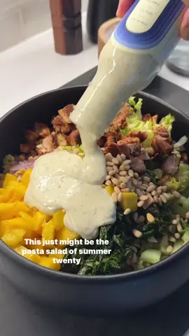 A post by @ketorecipes on TikTok caption: HIGH PROTEIN Spicy Mango Jalapeño Chicken Ranch Pasta Salad  This is what im calling the pasta salad of 2025… its sweet, spicy, creamy, crunchy, and its SO good. Light, refreshing, and packed with protein.  I used my @kaizenfoodco high-protein low-carb pasta pasta, but use any protein pasta you prefer. As always, comment “PROTEINPASTA” below and I’ll message you how to grab it! My lowcarb fusilli and Lumache are my favorite shapes, and dont forget my lowcarb rice (its high protein, too). Ingredients (Serves 3-4 as a meal, or 4-6 as a side): For the salad: 8 oz dry Kaizen protein pasta (or your favorite pasta) 1 ripe mango, diced 1 jalapeño, thinly diced (remove seeds for less heat) 1/2 medium diced red onion 2 diced persian cucumbers 1 cup romaine lettuce, diced 2 tbsp chopped cilantro, 2 tbsp chopped mint Optional: 2 tbsp chopped roasted pistachios or pine nuts For the chicken/marinade: 3/4 lb chicken (cut of choice) 1 tbsp olive oil 1 tsp sumac or chili lime seasoning 1/2 tsp smoked paprika 1/2 tsp garlic powder Salt + pepper Juice of lime For the dressing: I used SideDish Ranch, about 3 servings. You can add extra lime juice for more acidity  Here is how I made it: 1.Marinate the chicken. Toss chicken with olive oil, spices, and lime. Then grill, pan-sear, or air-fry until cooked through. Let rest, then dice. 2.Prep your toppings. Dice your mango, slice jalapeño, chop red onion, cucumber, lettuce, cilantro, and mint 3.Cook the pasta. Boil your pasta. I used my kaizen high protein lowcarb pasta, boring for 4.5 mins in salted water. Drain + rinse with cold water. 4.Assemble. Toss pasta, chicken, veggies, and your dressing. Squeeze in lime juice, add your pine nuts, toss and enjoy This would be amazing for the 4th, or any backdoor bbq. Its got amazing flavors, plus super high protein.  Comment “PROTEINPASTA” to try my kaizen pasta, and dont forget to send to a friend. ENJOY! . . . #lowcarb #lowcarbrecipes #saladrecipes #salads  #highprotein #healthyrecipes #healthyfoodshare #goodmoodfood