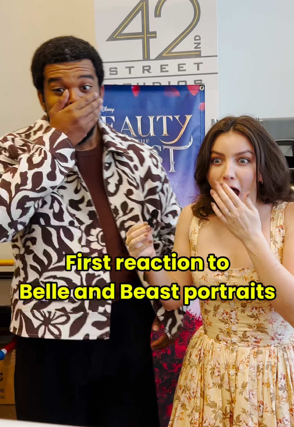 A post by @disneyonbroadway on TikTok caption: We love a first-look moment. 🥹✨ Watch the moment Kyra Kyra Belle Johnson and Fergie L. Philippe got to look at their official character portraits. 😭 #broadway #disney #beautyabdthebeast #tour #fyp #reaction #surprise 
