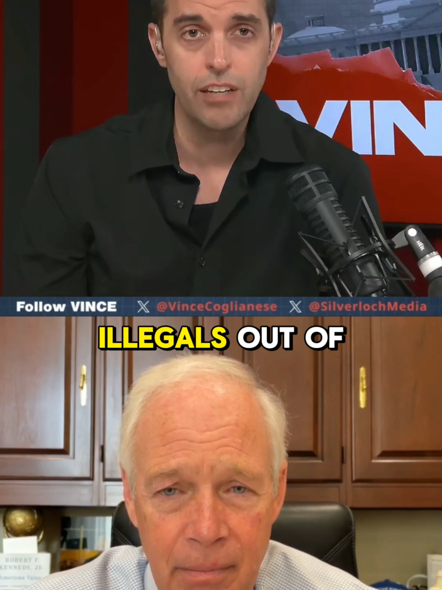 A post by @bonginoinc on TikTok caption: Vince grills Sen. Ron Johnson on President Trump's Big Beautiful Bill: "Are you going to allow your legitimate concerns about spending stop the ability to get 20 million illegals out of the country?" 👀 #fyp #politics #donaldtrump #maga #bigbeautifulbill #immigration