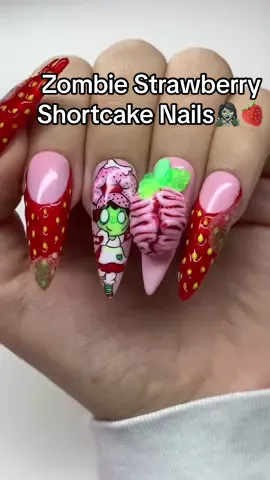 A post by @nailzbydevshop on TikTok caption: Who knew Strawberry Shortcake could look cute even as a zombie!😍❤️ She has our hearts and our brains!🧠😱🥹 Our talented affiliate nail artist @Alishza created this creepy but adorable set using our NAILZBYDEV products! How perfect was our "What The Fluff?" sprayable FLUFF for making the moldy strawberries!🥴🍓 Who's tried our NEW rubber base cover gels? Our "Perfect Pink" shade went hand in hand with those strawberry french tips!💅 You can use code ✨ALI✨ to save on all these nail goodies & more at checkout!💕💕 #nails #gelnails #whatthefluff #fluffynails #strawberryshortcake #zombienails #3dnailart #nailzbydevshop 