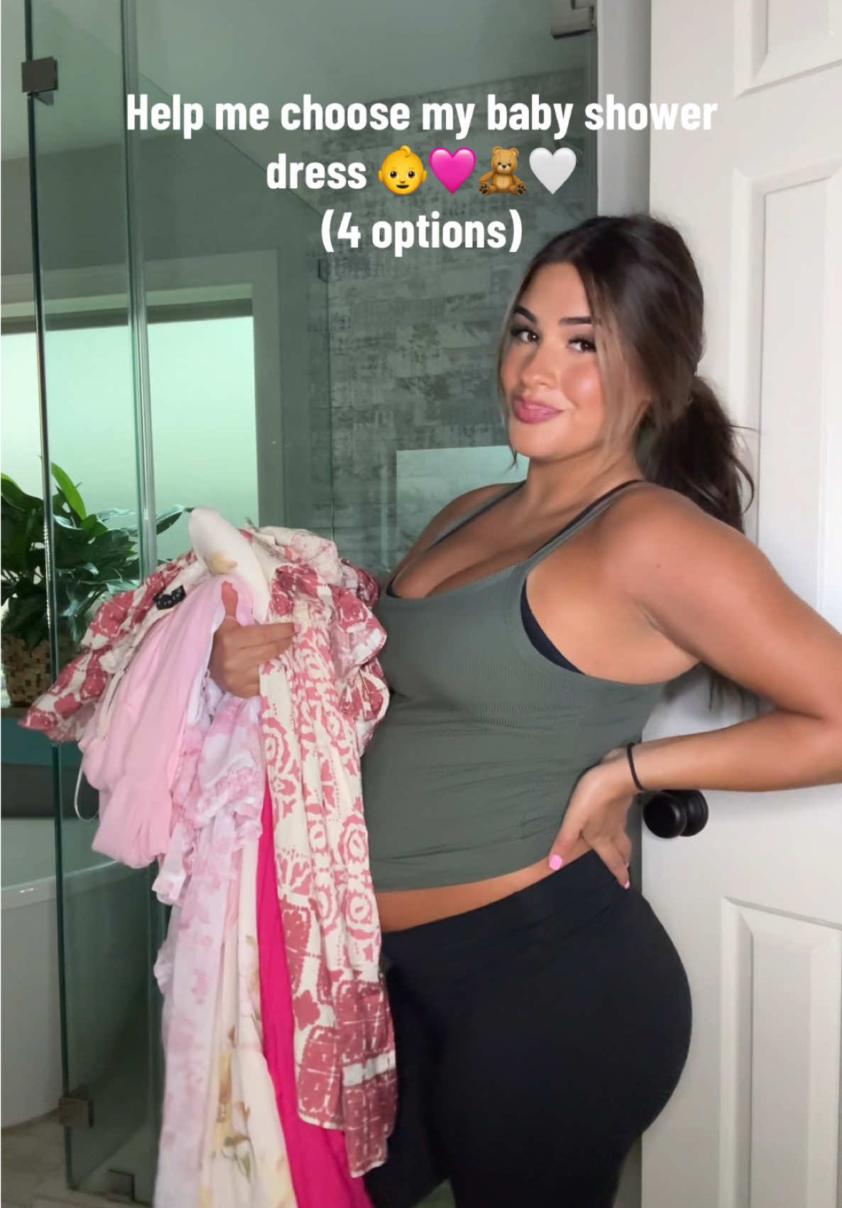 A post by @camryncordova on TikTok caption: help!! which should I go with??!!   #babyshower #babyshowerdress #babygirl #girlmom #3rdtrimester 