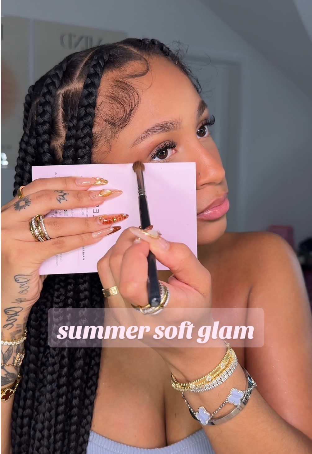 A post by @samariajdavis_ on TikTok caption: my summer soft glam 🍉 >>  primer @ILIA Beauty @elfcosmetics  skin tint @DanessaMyricksBeauty  concealer @Kosas @Hourglass Cosmetics  contour @Rare Beauty @Fenty Beauty  blush @Haus Labs by Lady Gaga @Patrick Ta Beauty  setting powder/spray @Huda Beauty  press powder @ONE SIZE BEAUTY  bronzer @Charlotte Tilbury  lip combo @LAWLESS Beauty 