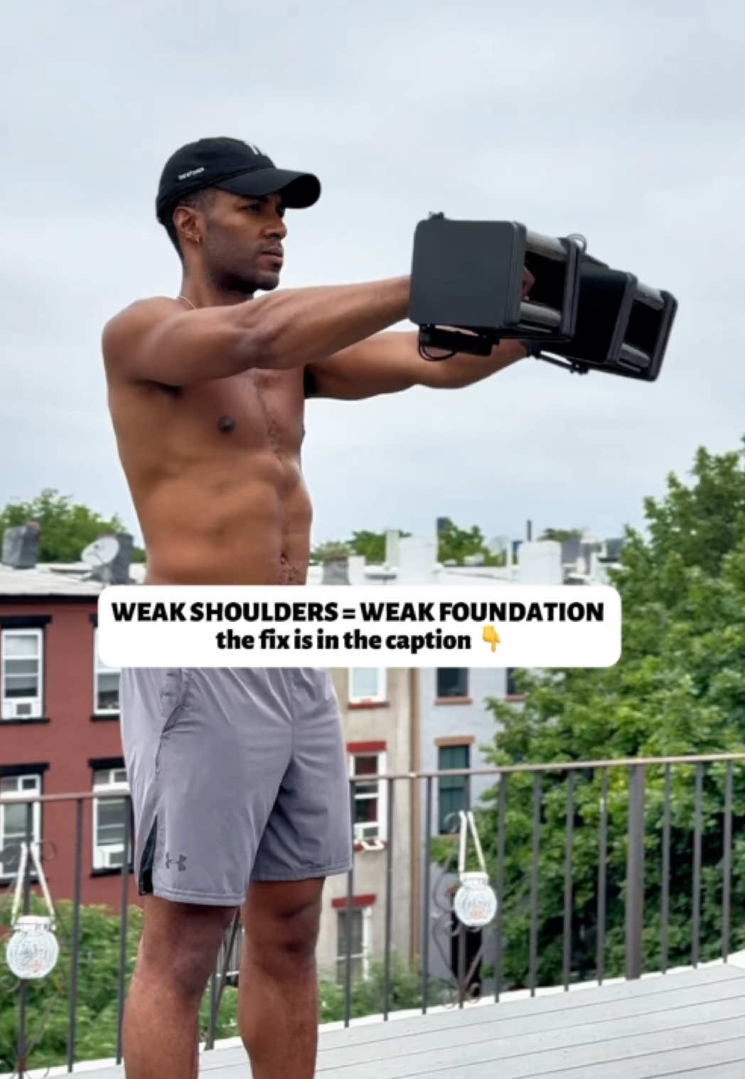 A post by @onedariuswilliams on TikTok caption: Most people never fix their shoulders because they don’t train all 3 heads — front, side, and rear. On top of that, they go too heavy with trash form and skip warmups entirely. Start with 1 minute of jump rope to get the blood flowing and prep the joint. Then run this routine twice a week(depending on your split) for stronger, more balanced shoulders. You don’t get bulletproof shoulders by winging it. Do the work. Save this for your next upper body routine 💪 #fit #fitness #plan #training #dumbbell #energy #life  #vibes #athomefitness #workout #fyp 