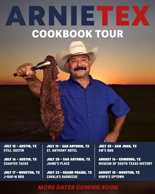 A post by @arnietex on TikTok caption: Let’s go on a book tour! Vamonos! Super excited to share the dates for my cookbook tour. I’ll be touring around Texas starting on July 15! Don’t see your city on the list? Don’t worry, more dates to be announced soon! Ya’ll let me know where the next stops should be! My friends from Nuestra Palabra will be joining me on the tour to have cookbooks available for purchase at each location. And yes, I’ll be signing books at all of these locations and stops! Don’t see your city on the list? Lmk where I should head to next. More dates are coming soon! July 15 – STILL AUSTIN - AUSTIN, TX July 16 – CUANTOS TACOS - AUSTIN, TX July 17 – J-BAR-M BBQ - HOUSTON, TX July 19 – ST. ATHONY HOTEL - SAN ANTONIO, TX July 20 – JAIME’S PLACE - SAN ANTONIO, TX July 23 – ZAVALA’S BARBECUE - GRAND PRAIRE, TX July 25 – GW’S BBQ - SAN JUAN, TX August 16 – MUSEUM OF SOUTH TX HISTORY - EDINBURG, TX August 18 – NINFA’S UPTOWN - HOUSTON, TX