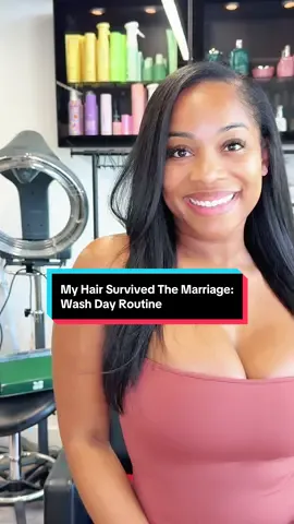A post by @christine.elizabeth on TikTok caption: Replying to @spartqclukl  My hair made it through the marriage. Shampoo & Conditioner: @BIOLAGE  Leave-In Conditioner & Heat Protectant: @Fenty Hair  Glaze Drops: @Kérastase  #fyp #foryou #washday #blackhair #haircare #hairtok #hairroutine 