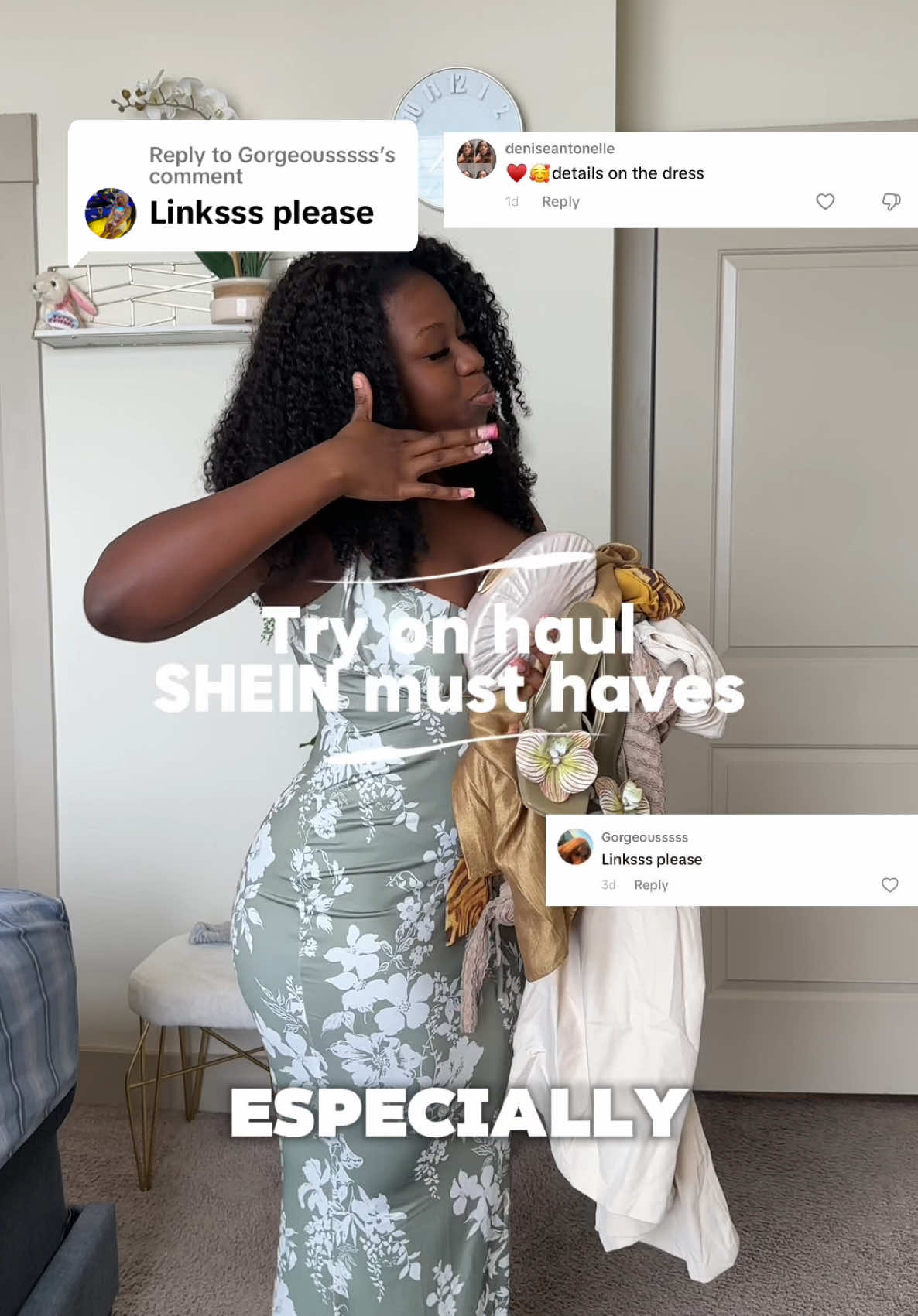 A post by @cynthia_lifts on TikTok caption: Replying to @Gorgeousssss Try on haul part 1!!! My fav was the golden dress I can’t wait to style it! Links to everything below discount code:  25Scynthialifts577 @SHEIN @SHEINUS  MISSGUIDED Knit Capri pants  🆔 65787822 🔗 https://shein.top/clyhudt MISSGUIDED Green Maxi Skirt 🆔 40948422 🔗 https://shein.top/clyhp9n MISSGUIDED Women Bag 🆔 71400586 🔗 https://shein.top/h7c8igu MISSGUIDED Designer Square Toe Mule Heels With Orchid Flower 🆔 64509575 🔗 https://shein.top/8vzyslc Hauture Women's Halter Green Open Back Sleeveless Tank Top 🆔 75117671 🔗 https://shein.top/qfr9b07 Hauture Extreme Wide Leg Zip Front Sleeveless Jumpsuit 🆔 64794702 🔗 https://shein.top/d2hvc39 Hauture Animal Print Cowl Neck Halter Open Back Top 🆔 43289781 🔗 https://shein.top/828ade7 Hauture Women's Front Twisted Tie Neck And Low Back Design Gold Maxi Dress 🆔 77025470 🔗 https://shein.top/p0hlfn9 Hauture Brown Halter Crop Top 🆔 41133850 🔗 https://shein.top/clyhwhv #SHEINtrends  #ad #SHEINforAll #tryonhaul #fyp 