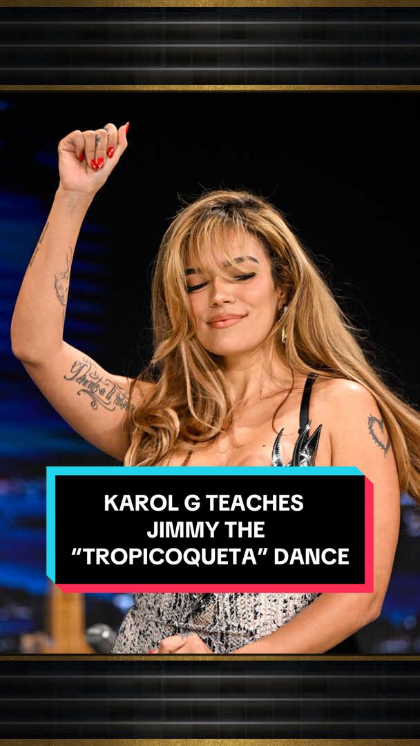 A post by @fallontonight on TikTok caption: @Karol G teaches Jimmy the “Tropicoqueta” dance! #FallonTonight #TonightShow #KarolG #KarolGonFallon #Tropicoqueta #JimmyFallon  