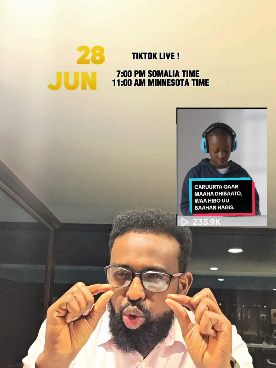 A post by @baraarujiye_ on TikTok caption: 📣 Waxaan ka jawaabi doonaa  su’aalihii! Muuqaalkii ku saabsanaa "carruurta firfircoon"  hooyooyin badan ayaa i weydiiyay su’aalo muhiim ah. 🗓️ Waxaan si toos ah ugu imaanayaa TikTok  🕖 7:00 pm – somalia time  🕖 11:00 am – Minnesota time  #farhan_baraarujiye #baraarujin #fyp #foryou #caruurtafirfircon 