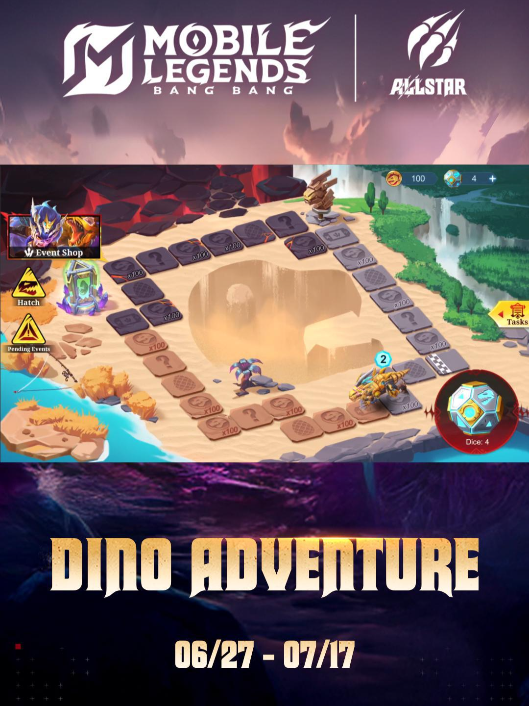 A post by @mlbbttofficial on TikTok caption: The ALLSTAR "Dino Adventure" Event officially launches on 06/27! Limited-time Bonus! Get Free ALLSTAR Exclusive Rewards! #MLBBALLSTAR #MobileLegendsbangbang #MLBBFreeSkin #MLBBDINOPLANET