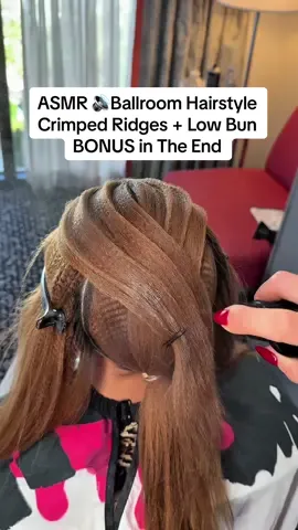 A post by @mariya.usan on TikTok caption: ASMR 🔊Ballroom Hairstyle Tutorial  6 Layers Crimped Ridges Hair + Low Bun ❤️‍🔥 BONUS in the End Final Result + Complete Look Dancing Video ❤️‍🔥Let me know if you like it 🥰 I Love How This Hairstyle Looks With The Dress 🤩 Do You ⁉️ #creatorsearchinsights #ASMR #relaxation #satisfying #haircare #tingles #ballroomhairstyle #asmrvideo #hair #crimpedhair #satisfyingvideo 