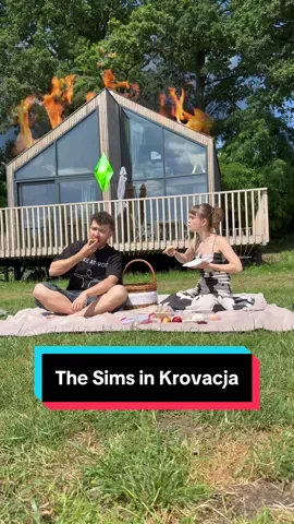 A post by @loczniki on TikTok caption: [Invitation] This is what happens when you invite Sims to @Nowoczesne domki wypoczynkowe – a place with pure vibes, stunning views, and the friendliest cows around 🐄🎮 Thanks for having us – we had such a great time among the cows 🙌