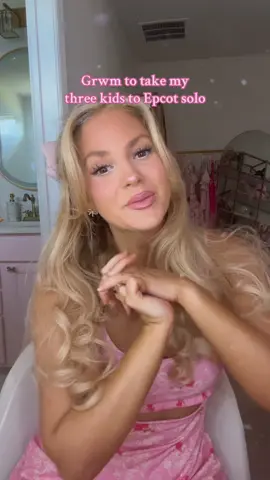 A post by @aliceclarkpayne on TikTok caption: Mommy + three babes at Epcot grwm  Talking birthday, gowns, princess room, and content #disneymom #loveshackfancy #makeup 