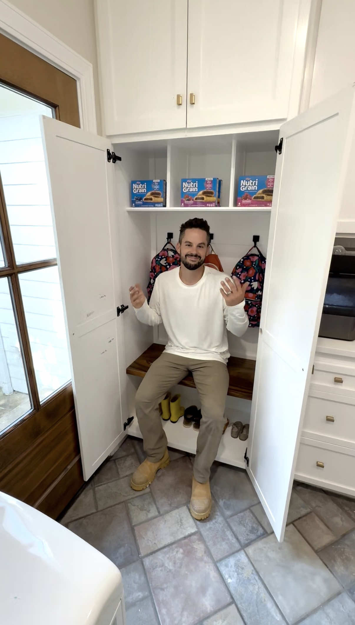 A post by @dadsocial on TikTok caption: #ad Now we have a spot for the kids backpacks, shoes, and @Nutri-Grain bars for easy access! #NutriGrainPartner #diy #shoecloset