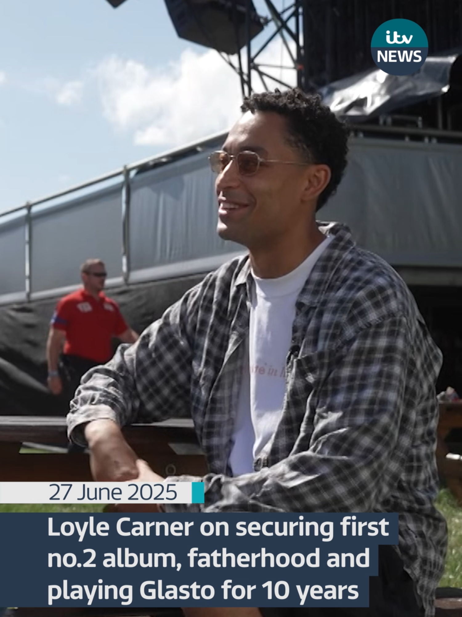 A post by @itvnews on TikTok caption: @loylecarner on securing his first no.2 album, fatherhood and playing Glasto for 10 years #itvnews #news #glastonbury