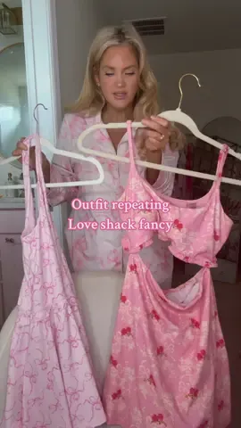 A post by @aliceclarkpayne on TikTok caption: Outfit repeating !! Love rewearing and restyling the strapless dresses (especially the yellow one 🤭) and I wear my @LoveShackFancy dresses and sets a good bit too!! But we are outfit repeating today!!!  #outfitrepeater #loveshackfancy #disneyoutfit #disneymom #girlystyle #pinkandbows 