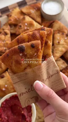 A post by @moribyan on TikTok caption: HOT 🥵🔥🌶️ HARISSA PITA CHIPS! Cava copycat but at home and even better 🤎 so easy to make and SO flavorful. full recipe up on the blog as always - www.moribyan.com - or link in bio!
