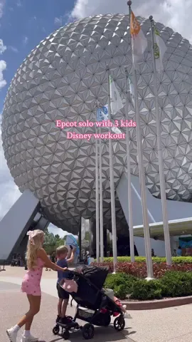 A post by @aliceclarkpayne on TikTok caption: Epcot alone with three kids !! And a little Disney workout tracking miles and route 💖 Goofycore Cool kid summer  Epcot Playgrounds Mission space Kidcot La hacienda  Three caballeros One size on til dawn sunscreen  #disneymom #disneyvlog #disneyworld #epcot #disneyworkout #workoutatdisney #disneyfamily #coolkidsummer #disneyplaygrounds #momofthree #juryduty 