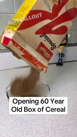 A post by @mrs.fallout on TikTok caption: Opening 60 Year Old box of Kellogg’s Special K Cereal from a Fallout Shelter. Box dated 1965 on the side and practically turned to dust! #fallout #mrsfallout #fallouttok 