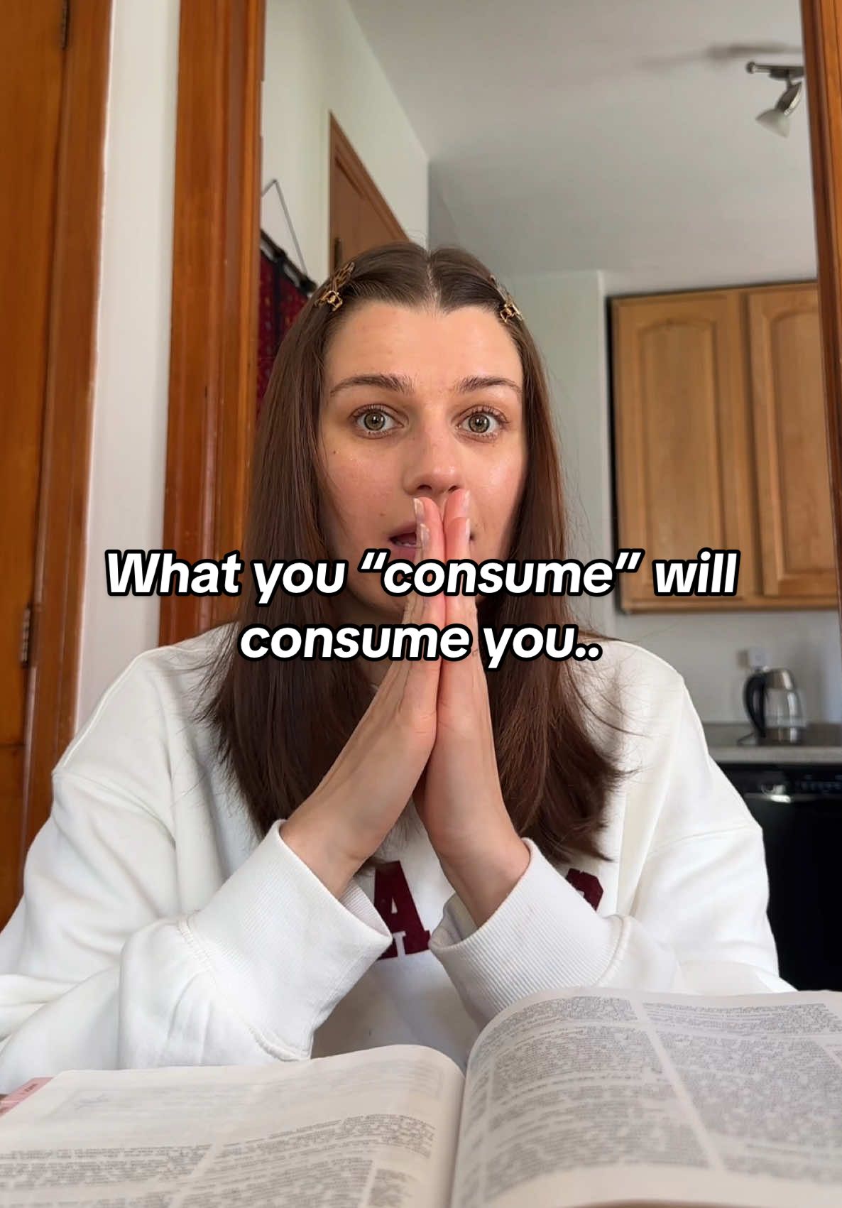A post by @paigeyllizabeth on TikTok caption: What you “consume” will consume you… Yes, the devil isn’t omnipresent but he is certainly keeping tabs on what you’re looking at/ watching/ listening to. God is above all. HE is seated on high and exalted. Regardless of “the devil watching” GOD SEES EVERRRRYTTHINNGGGG 