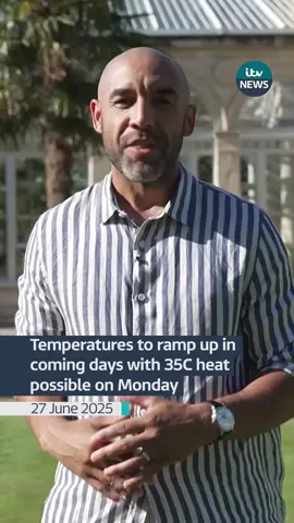 A post by @itvnews on TikTok caption: Temperatures are set to rise in the south of England over the weekend, with the heat sitting at around 30C. It could reach up to 35C on Monday afternoon. #itvnews 