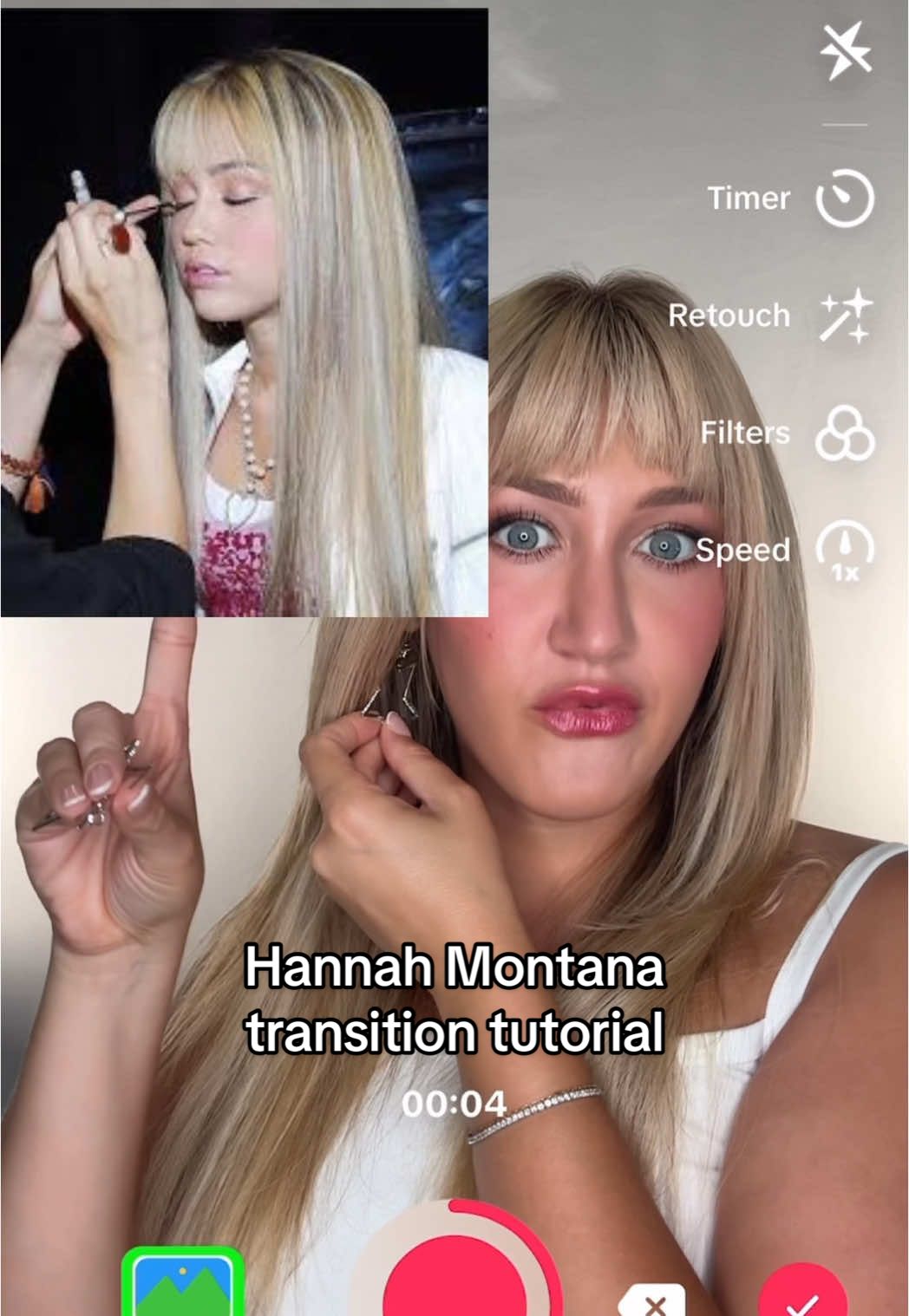 A post by @katiefarhood on TikTok caption: living out my childhood DREAMS 💕💃🏼🪩🎤 #transitiontutorial #makeuptutorial #MakeUpArtist #hannahmontana #hannahmontanacostume 