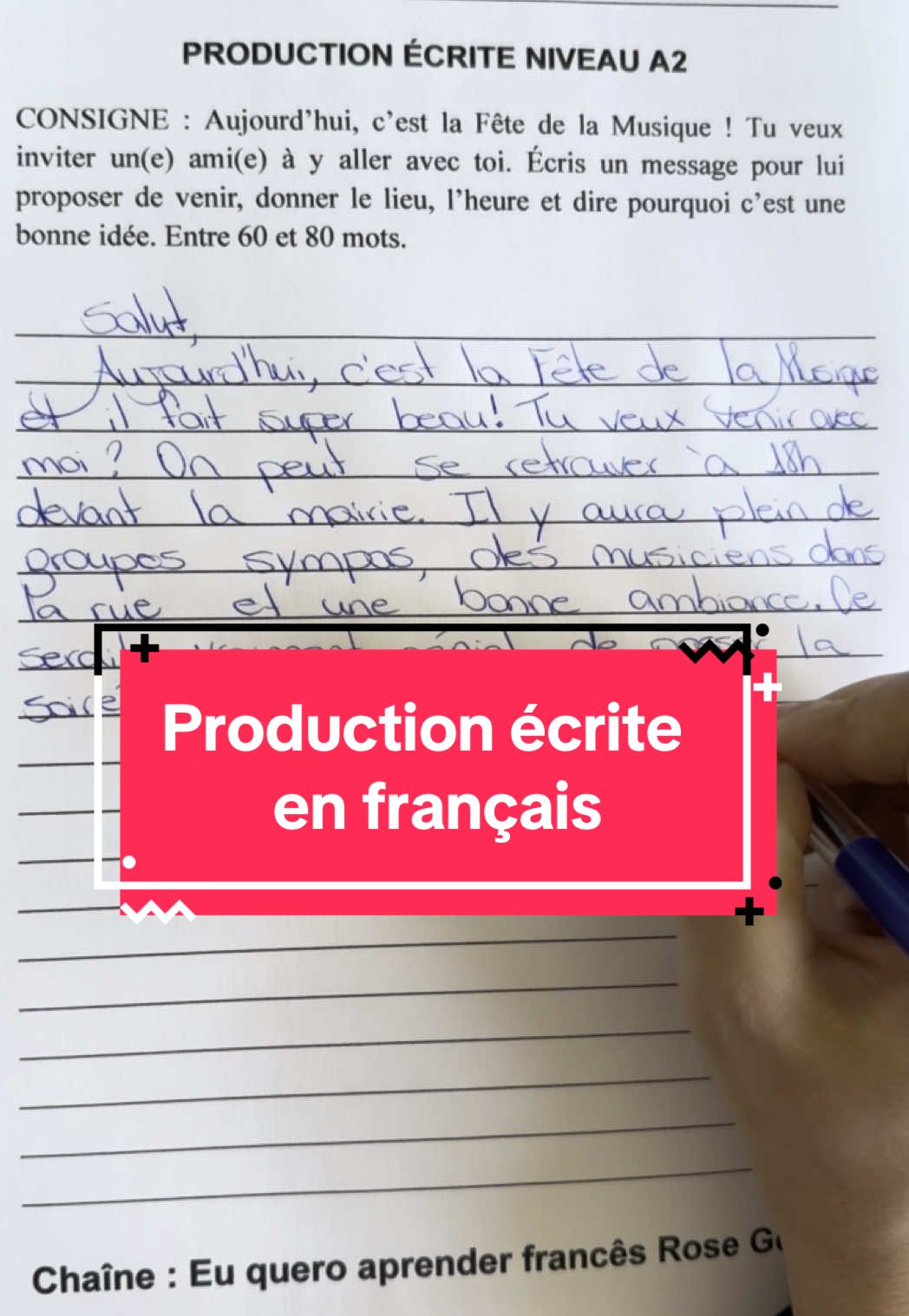 A post by @euqueroaprenderfrances on TikTok caption: Production écrite en français. Rédaction complète au niveau A2. Vous pouvez l’adapter selon votre niveau. Abonnez-vous également à ma chaîne YouTube : Eu quero aprender francês Rose Gomes #apprendrelefrançais #euqueroaprenderfrancês #rosegomes #français #learnfrench #france #texte #redaction #a2 #delf #tcf #tef #francais #french #francês #frances 