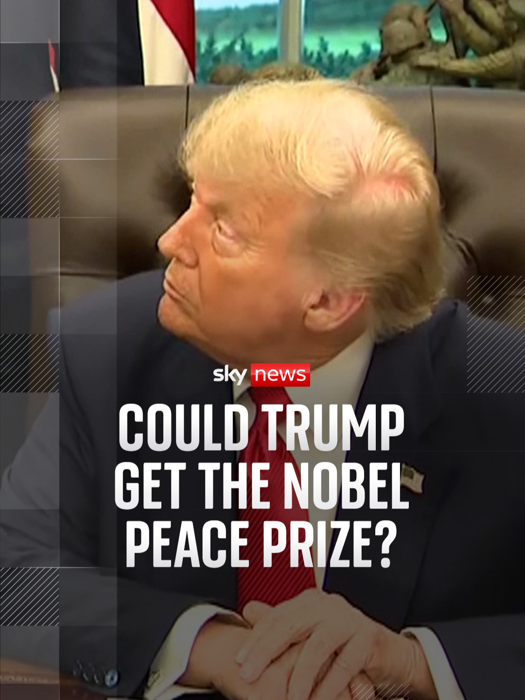 A post by @skynews on TikTok caption: A reporter told Donald Trump that the president of the Democratic Republic of Congo said he is thinking of nominating the US president for the Nobel Peace Prize. #DonaldTrump #USPresident #nobelpeaceprize