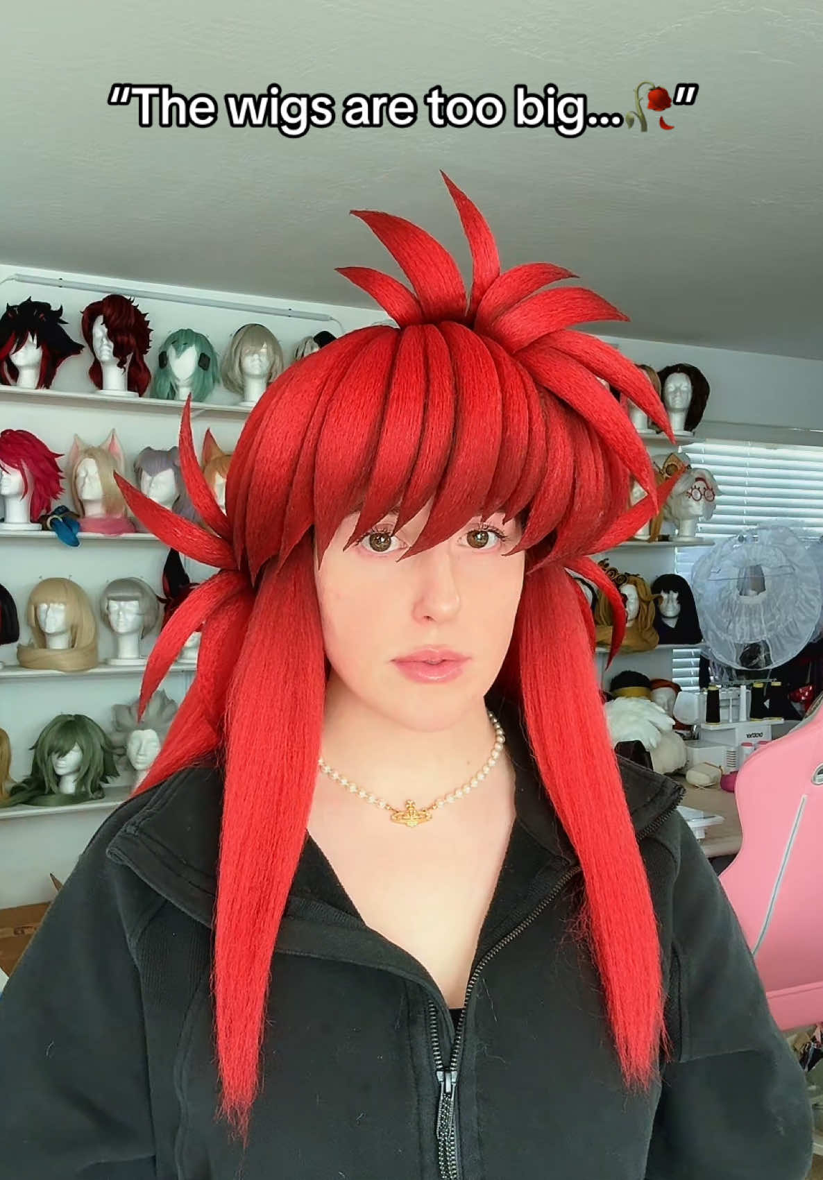 A post by @umbrawigs on TikTok caption: Forgive me, I am but a 3D printer , I can’t help it 🥺🥺 The red on this wig is stunning —wow.  Airbrushing assistant snaps every single time!!!! Woooo  . #wigcommission #wigstyling #cosplaywig #cosplaywigstyling #wigs #wigmaker #umbrawigs #cosplaycommunity #kurama #kuramawig #yuyuhakusho #yuyuhakushocosplay  #wig 