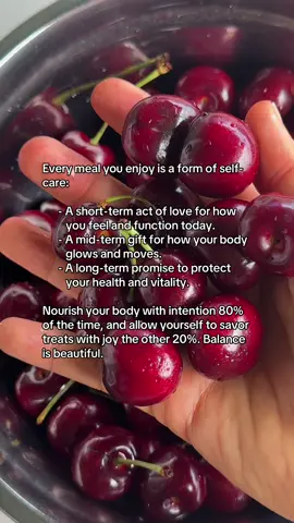 A post by @bearenger on TikTok caption: ✨ Every bite is a form of self-care. ✨  Some meals fuel your glow, some protect your future, and some simply bring joy — and there’s space for all of it. 💛 Nourish with love 80% of the time, indulge with grace the other 20%. #WomensWellness #HolisticLiving #FoodAsMedicine #BalancedLiving #NourishToFlourish #HealthyHabits #EatWithIntention #MindfulEating