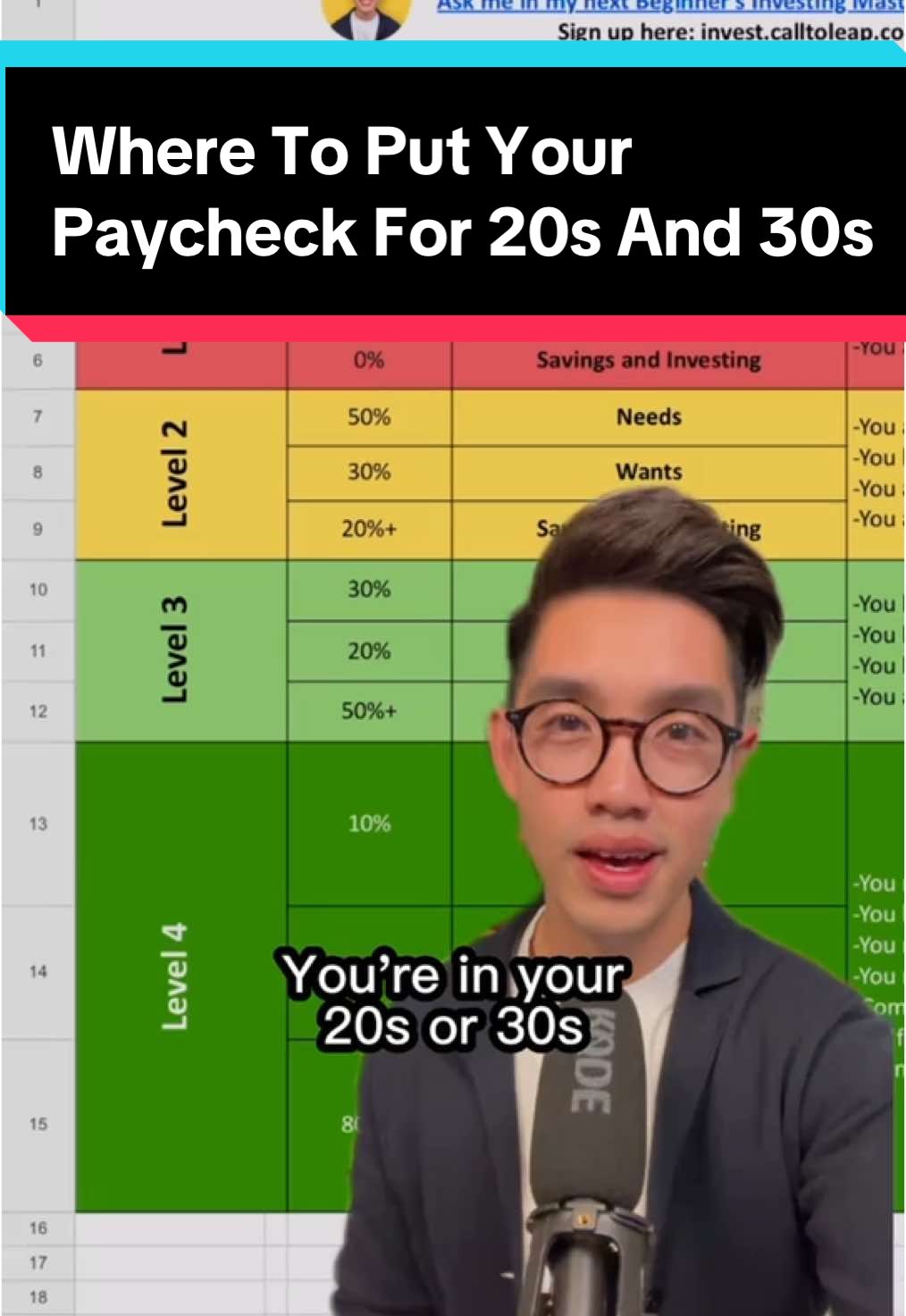 A post by @calltoleap on TikTok caption: Are you in your 20s or 30s and still unsure how to split your paycheck? This quick 60-second video that breaks down 4 budgeting levels of people so you can see exactly where you stand—and how to level up. 👀 The budgeting sheet I use is 100% free and it's linked in my bio. Tag a friend and I’ll send it to both of you right now! 👇 - Steve If you’re ready to start investing this year, don’t miss my next Beginner’s Investing Masterclass! Sign up now — link in bio! Follow @calltoleap Follow @calltoleap for investing videos Follow me @calltoleap to start your journey toward financial freedom! #BudgetingTips #MoneyHabits #LevelUpYourFinances #CallToLeap #FinancialFreedom