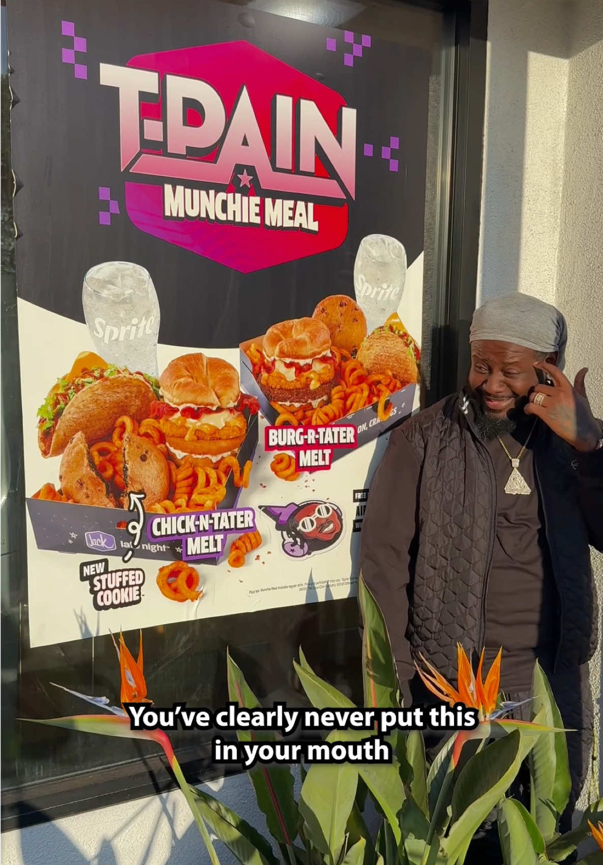A post by @tpain on TikTok caption: I traveled 2,000 miles to get my team the @Jack in the Box T-Pain Munchie Meal 🔥