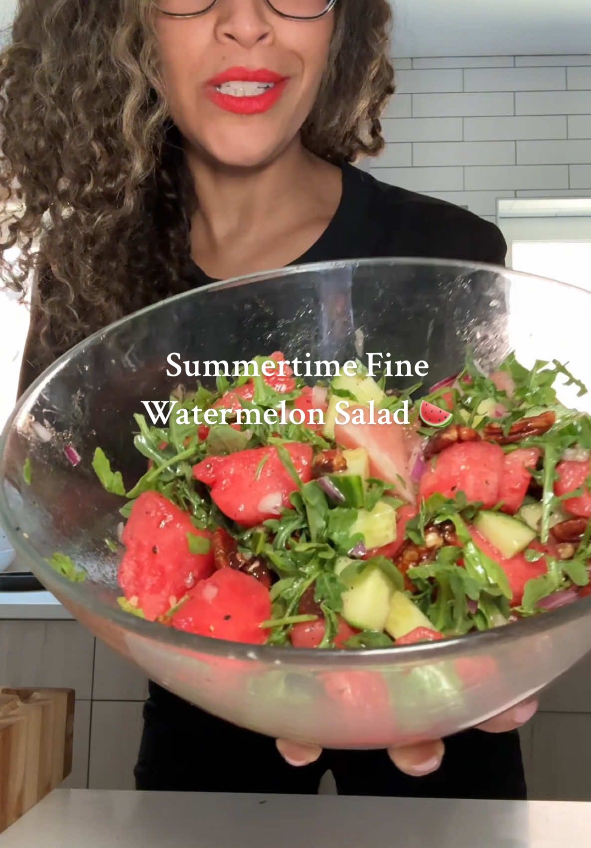 A post by @thejenjones on TikTok caption: The best watermelon pecan salad 🍉 Glowing skin by @nevéll_skin/ Coffee Infused coffee oil. Grab your bottle at nevellskin.com #watermelonsalad #summertimefine #plantbasedrecipes 